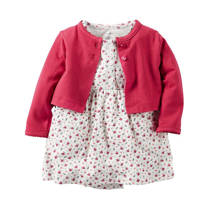 Baby Girl Carter's Floral Bodysuit Dress & Cardigan Set, Size: 3 Months, Light Grey