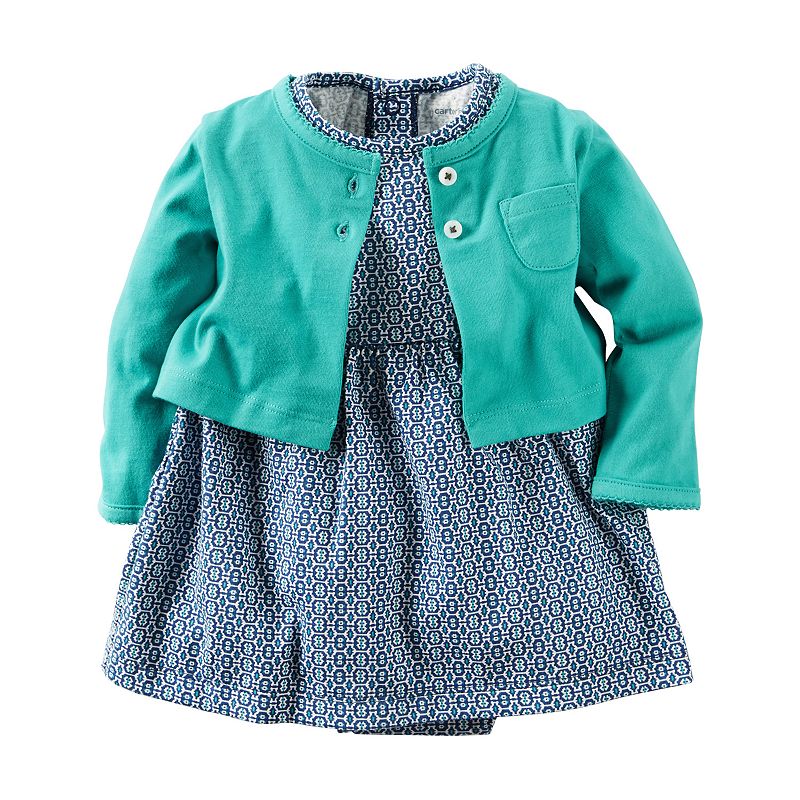 Baby Girl Carter's Geometric Bodysuit Dress & Cardigan Set, Size: 6 Months, Blue