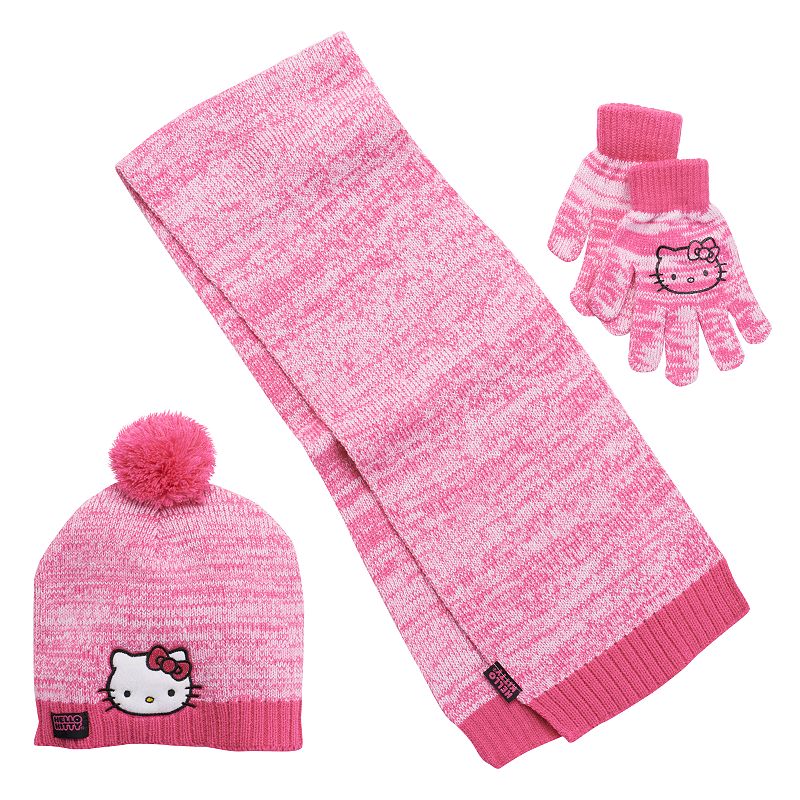 Girls 4-16 Hello Kitty Marled Pom-Pom Hat, Gloves & Scarf Set, Girl's, Pink