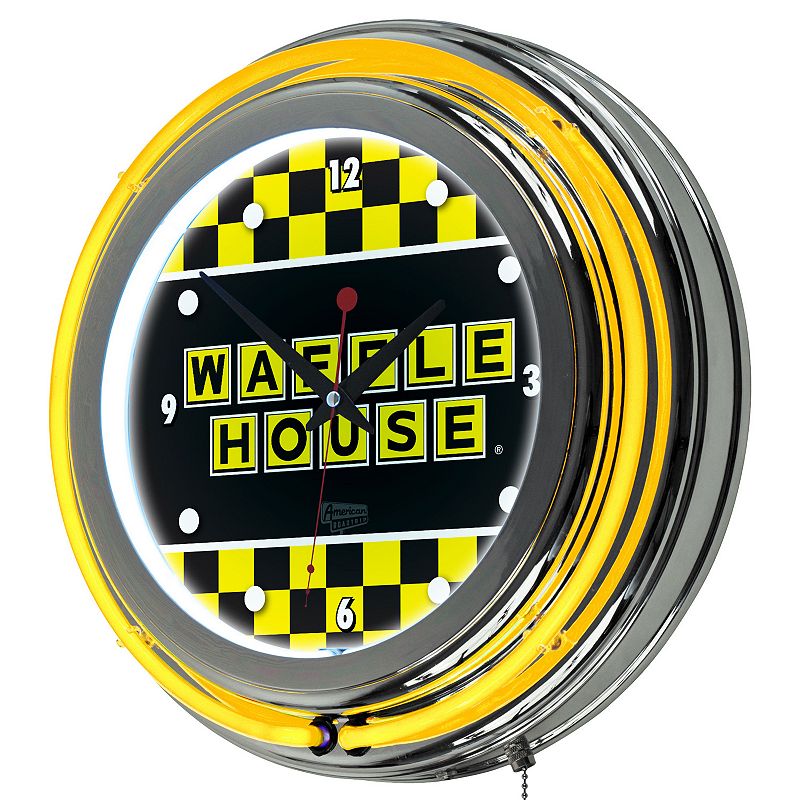 Waffle House Checkered Chrome Finish Neon Wall Clock, Yellow