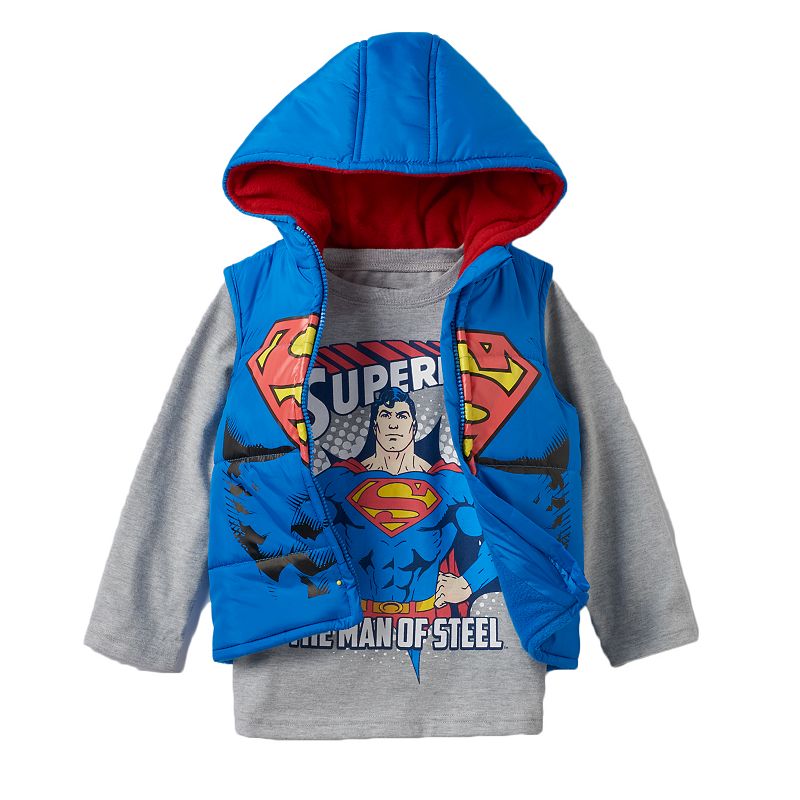 Boys 4-7 DC Comics Superman Fleece-Lined Hooded Puffer Vest & Graphic Tee Set, Boy's, Size: 6, Blue