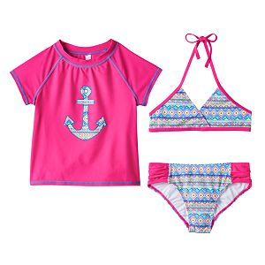 Girls 4-6x SO® 3-pc. Geometric Anchor Bikini & Rashguard Swimsuit Set