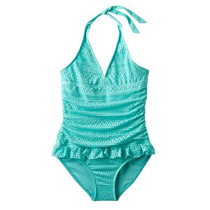 Girls Plus Size SO® Blue Crocheted Halter One-Piece Swimsuit