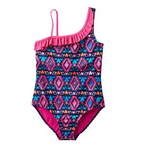 Girls Plus Size SO® Asymmetrical Tribal Printed One-Piece Swimsuit