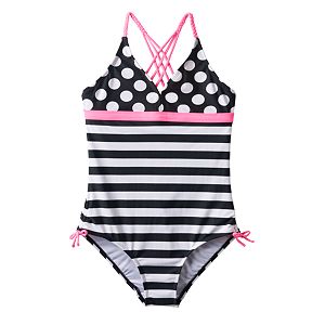 Girls Plus Size SO® Polka-Dots & Stripes Braided Strap One-Piece Swimsuit