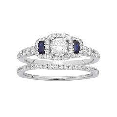 14k White Gold 1 Carat T.W. IGL Certified Diamond & Sapphire Halo Engagement Ring Set by
