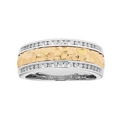 Men's Two Tone 14k Gold 1/3 Carat T.W. Diamond Hammered Wedding Band by