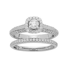 14k Gold 1 Carat T.W. IGL Certified Diamond Halo Engagement Ring Set by