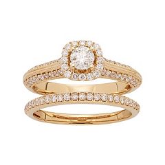 14k Gold 1 Carat T.W. IGL Certified Diamond Halo Engagement Ring Set by