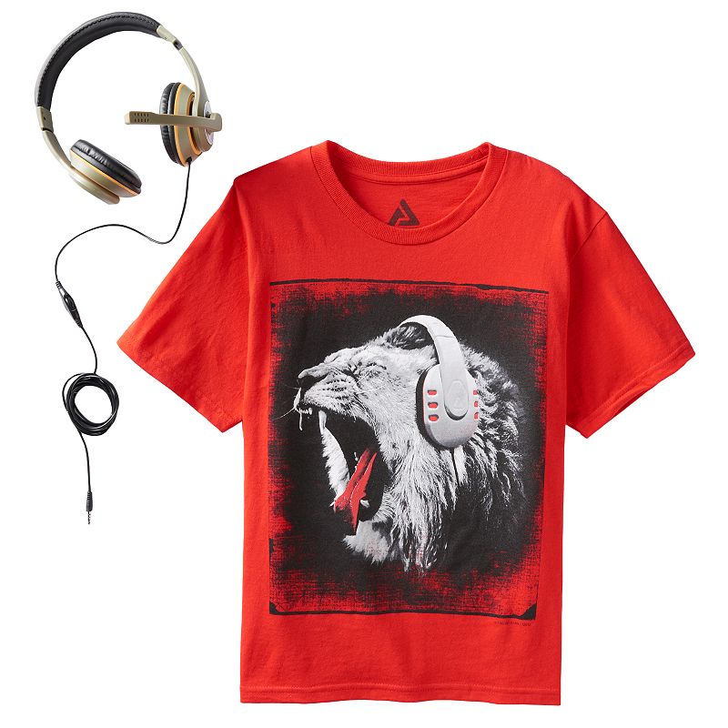 Boys 8-20 Lion Tee With Headphones, Boy's, Size: XL, Red