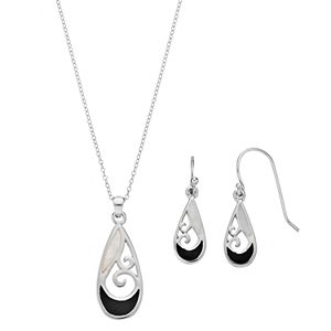Sterling Silver Mother-of-Pearl & Onyx Filigree Teardrop Jewelry Set