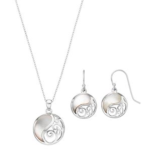 Sterling Silver Mother-of-Pearl Filigree Disc Jewelry Set