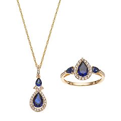 10k Gold Lab-Created Blue & White Sapphire Teardrop Halo Jewelry Set by