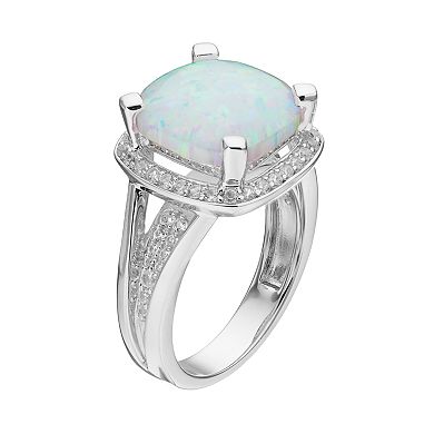 Sterling Silver Lab-Created White Opal & White Sapphire Halo Ring