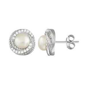 Sterling Silver Freshwater Cultured Pearl & Cubic Zirconia Swirl Stud Earrings