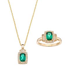 10k Gold Lab-Created Emerald & White Sapphire Halo Jewelry Set by