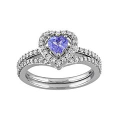 10k White Gold 1/2 Carat T.W. Diamond & Tanzanite Heart Engagement Ring Set by