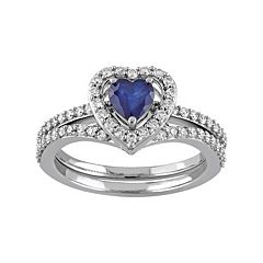 10k White Gold 1/2 Carat T.W. Diamond & Sapphire Heart Engagement Ring Set by