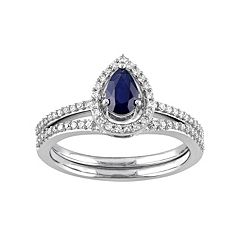 10k White Gold 1/3 Carat T.W. Diamond & Sapphire Teardrop Engagement Ring Set by