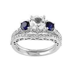 10k White Gold Lab-Created White & Blue Sapphire & 1/3 Carat T.W. Diamond Engagement Ring Set by