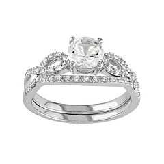 10k White Gold Lab-Created White Sapphire & 1/6 Carat T.W. Diamond Engagement Ring Set by