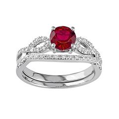 10k White Gold Lab-Created Ruby & 1/6 Carat T.W. Diamond Engagement Ring Set by