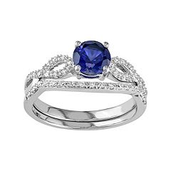 10k White Gold Lab-Created Sapphire & 1/6 Carat T.W. Diamond Engagement Ring Set by