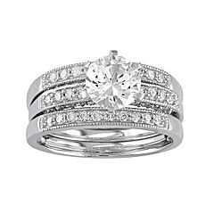 10k White Gold Lab-Created White Sapphire & 3/8 Carat T.W. Diamond 3-Piece Engagement Ring Set by