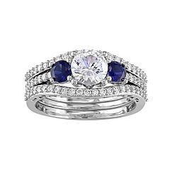 10k White Gold Lab-Created White & Blue Sapphire & 1/2 Carat T.W. Diamond 3-Piece Engagement Ring Set by