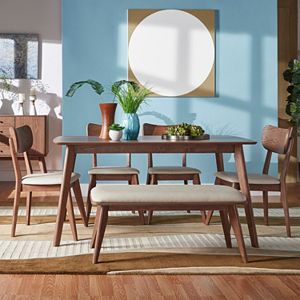 HomeVance Skagen Walnut Finish Dining Table, dining Chair & Bench 6-piece Set