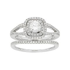 14k White Gold 1 Carat T.W. IGL Certified Diamond Square Halo Engagement Ring Set by