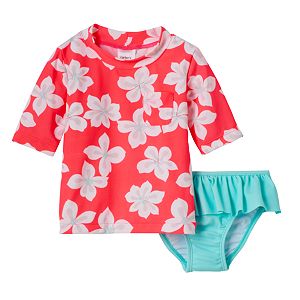 Toddler Girl Carter's Tropical Flower Print Rashguard & Ruffle Peplum Bottoms Swimsuit Set