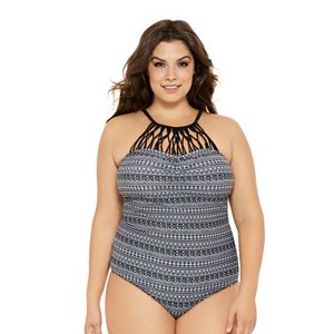 Juniors' Plus Size Costa Del Sol Geometric High-Neck One Piece Swimsuit