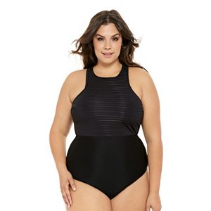 Juniors' Plus Size Costa Del Sol Striped Mesh High-Neck One-Piece Swimsuit