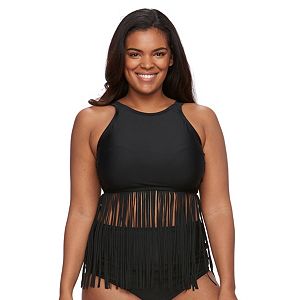 Plus Size Pink Envelope Bust Enhancer Fringe Bikini Top
