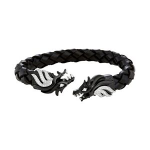 Men's Stainless Steel & Black Leather Cubic Zirconia Dragon Cuff Bracelet