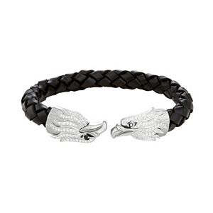 Men's Stainless Steel & Black Leather Cubic Zirconia Eagle Cuff Bracelet