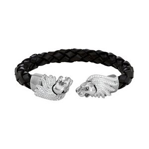 Men's Stainless Steel & Black Leather Cubic Zirconia Lion Cuff Bracelet