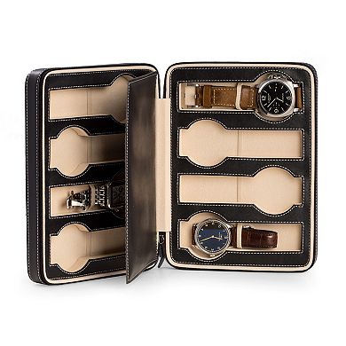 Bey-Berk Leather Black 8-Slot Watch Storage Case
