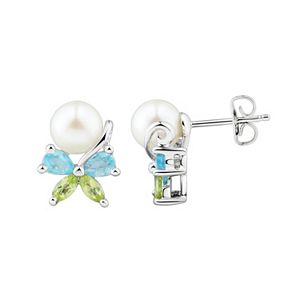 Sterling Silver Freshwater Cultured Pearl & Gemstone Butterfly Stud Earrings