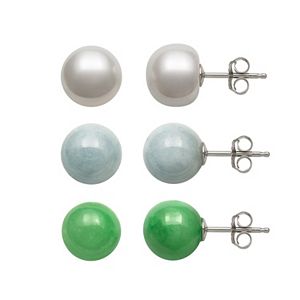 Sterling Silver Jade, Aquamarine & Freshwater Cultured Pearl Ball Stud Earring Set