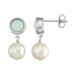 Sterling Silver Lab-Created White Opal & Freshwater Cultured Pearl Drop Earrings