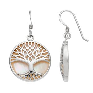 Sterling Silver Mother-of-Pearl Tree of Life Disc Drop Earrings