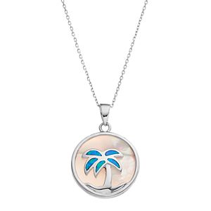 Sterling Silver Mother-of-Pearl & Lab-Created Blue Opal Palm Tree Disc Pendant