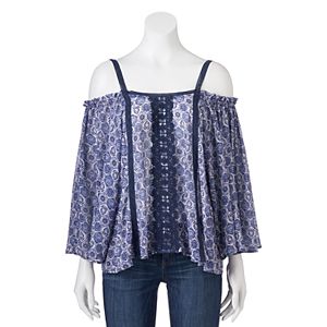 Juniors' Rewind Tile Cold Shoulder Top
