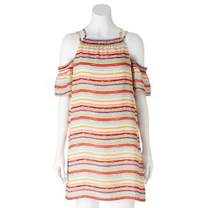 Juniors' Lily Rose Striped Cold Shoulder Shift Dress