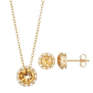 18k Gold Over Silver Citrine & Cubic Zirconia Halo Pendant & Stud Earring Set