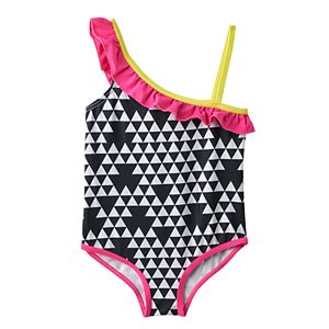 Toddler Girl Pink Platinum Triangle Print Asymmetrical One-Piece Swimsuit