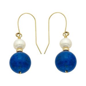 14k Gold Lapis Lazuli & Freshwater Cultured Pearl Drop Earrings