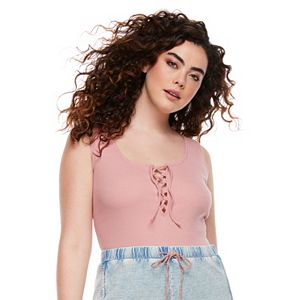 madden NYC Juniors' Plus Size Ribbed Lace-Up Bodysuit